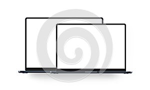 Laptops Silver-Blue Mockups With Blank Screens, Isolated on White Background