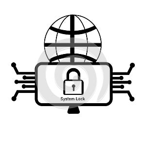 Locked system illustration vector design, computer with locked padlock and circuit path