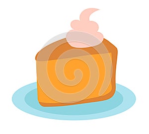 Slice of pumpkin pie with whipped cream on the plate. Flat vector illustration.