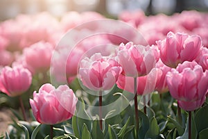 Pink tulips flowers in the garden.GenerativeAI.