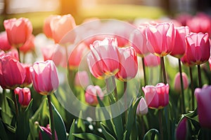 Pink tulips flowers in the garden.GenerativeAI.
