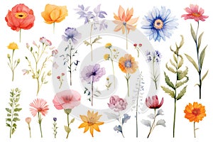 various watercolor painting of summer flowers on white background,isolated.GenerativeAI.