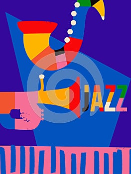 Modern jazz music poster with abstract and minimalistic musical instruments assembled from colorful geometric forms and shapes