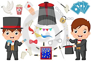 Cute magician kid with magic elements collection