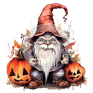Watercolor Illustration cute Halloween gnome.GenerativeAI. photo