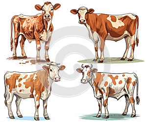 Cow Illustration set, Dairy cattle set. Swiss brown, ayrshire, holstein, milking white and brown shorthorns