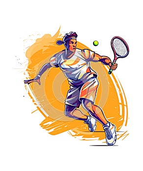 Tennis Player Design, Abstract tennis player with a racket from splash of watercolors