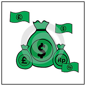 vector design of three dollar,euro and rupiah money bags in green color.