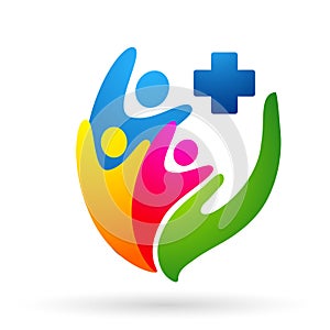 Medical care happiness wellness clinic protect people life care healthy heart logo design