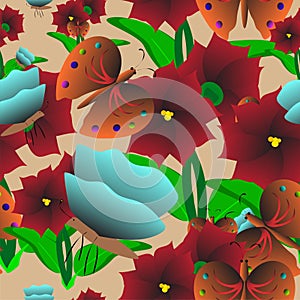 Red Flower Tree and Butterfly Pattern, Tile