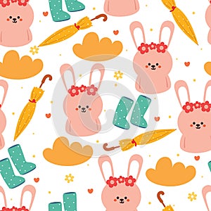 seamless pattern cartoon bunny, umbrella and rainy season vibes element