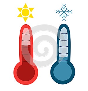 Hot and cold temperature thermometers with snowflakes and sun. Weather forecast. Vector flat illustration.