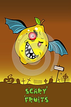 PrintCute scary fruit collection as Halloween monsters. Lemon character for your food and halloween design. Healthy food concept.