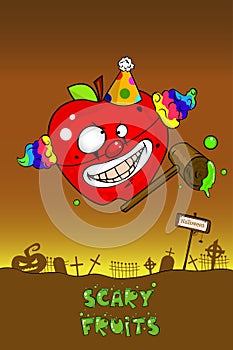 Cute scary fruit collection as Halloween monsters. Apple character for your food and halloween design. Healthy food concept.