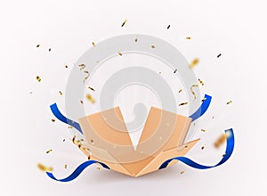 Open box with Gold confetti and light effect , isolated on transparent background