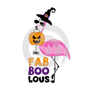 Fab Boo Lous - funny flamingo in witch hat and with candy, Jack o lantren and spider. photo