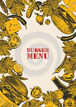 Burger Menu. Hand-drawn illustration of dishes and products. Ink. Vector