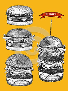 Burger Menu. Hand-drawn illustration of Burger. Ink. Vector
