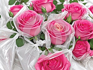 big pink roses in plasics photo