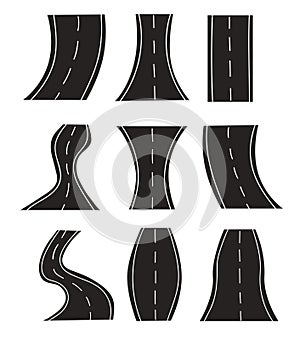 Set of bending roads and highways isolated on white background. Logo, icon, sticker, sign path way. Vector flat illustration.