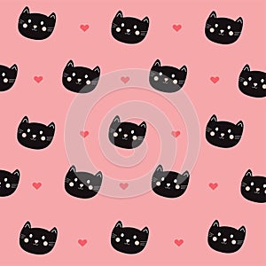 cute cat head face seamless pattern, Pattern of cute black kittens with hearts and pink background photo