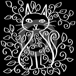 Hand drawn cat with floral ornament.