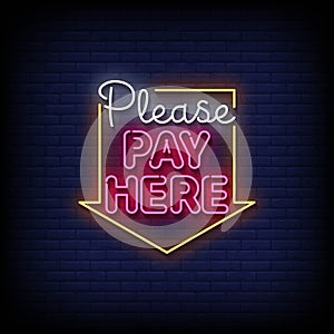 Neon Sign pay here with brick wall background vector