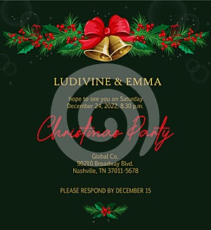 Christmas party invitation with holly bells ornament decoration. Green red holiday invite card banner photo