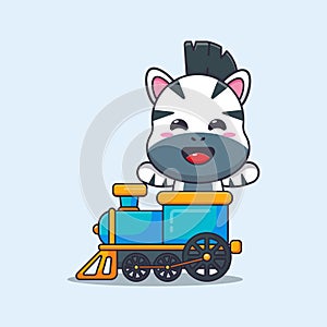 Cute zebra ride on train cartoon vector illustration.
