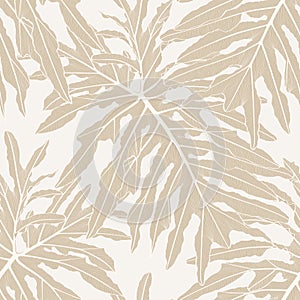 Floral seamless pattern, beige split-leaf Philodendron monstera plant background