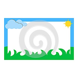 Frame with clouds and sun on a white background. Vector illustration. Label name sticker design, with bright and cute colors.