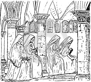 Medieval nuns at evening prayer