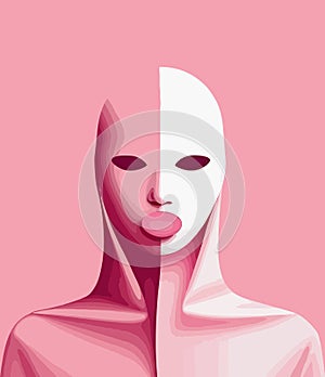 Figure with a neutral expression in monochromatic shades of pink photo