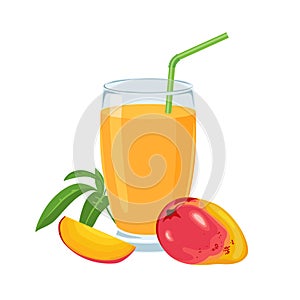 Mango juice in glass isolated on white background. Tropical fruit drink.
