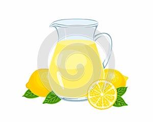 Lemonade pitcher Isolated on white background. Fresh citrus drink in glass jug. photo