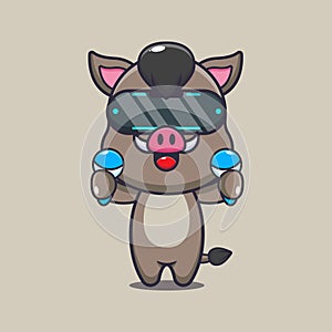 Cute boar playing virtual reality cartoon vector illustration.