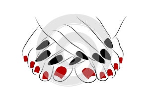 Woman feet with hand fingers combination of black and red nails line drawing isolated on white background - vector