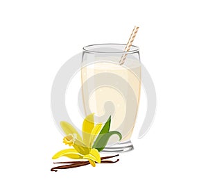 Vanilla protein shake in glass isolated on white background.