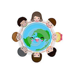 Earth day, children holding hands in circle around the world, cute kids save the world, world environment day