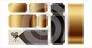 Golden empty tickets template. Set blank concert ticket, lottery coupons. Event coupon or cinema movie theater cards.