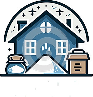 A charming blue house with a pile of salt in front of it.