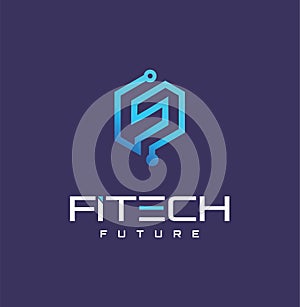 Hexagon Letter F Tech Logo Design Stock Vector