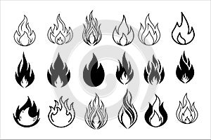 Simple Black and White Fire Tattoo Vector Icons Set illustration.