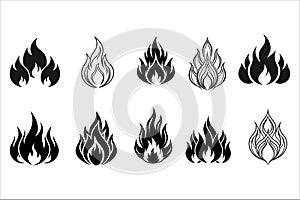 Simple Black and White Fire Tattoo Vector Icons Set illustration.