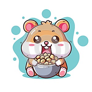 cute vector illustration of hamster eating nuts