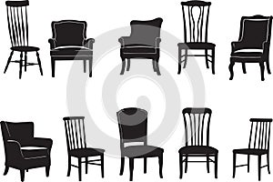 Black different types of chair vector set isolated on white