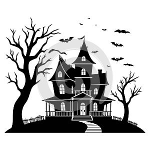 Spooky Vector Halloween Haunted House, Silhouette, Black and White
