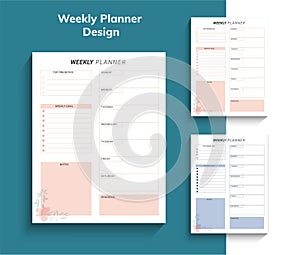 Weekly planner template design, one weekly planner layout with different colour.