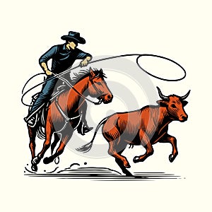 Vector cowboy calf roping