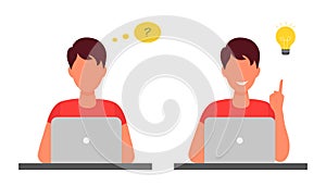 A man working at a computer thinking about solving problems and finding a creative idea.